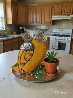 Metal Owl Decorative Sculpture in Yellow and Silver